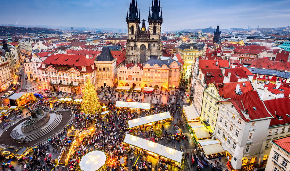 Prague, Czech Republic. Christmas Market in Stare Mesto old square, Tyn Church, Bohemia.