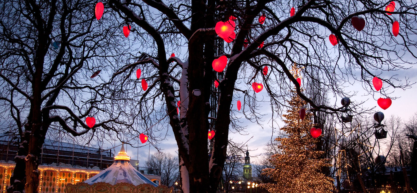 Image: Tivoli Gardens tree with hearts.  (Photo Credit: The Nordics)