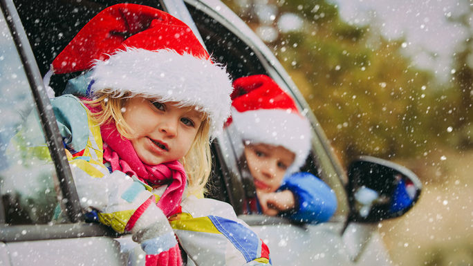 Christmas, holidays, kids, children, family, car, road trip, Santa, hat, snow