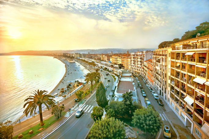 Promenade des Anglais in Nice at sunset. Cote d’Azur, France