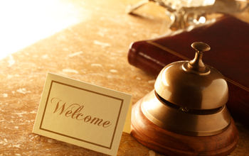 Welcome card, service bell, hotel desk, front desk, reception